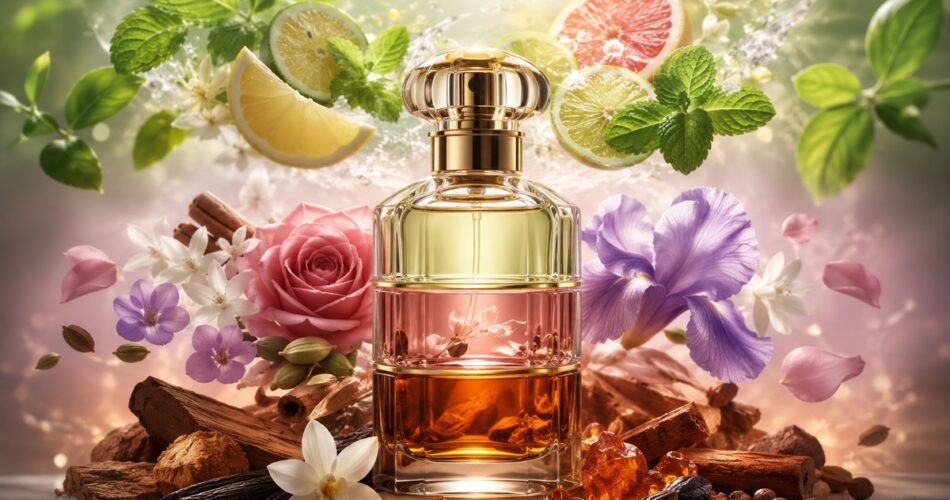 Anatomía de un perfume con notas de salida corazón y fondo