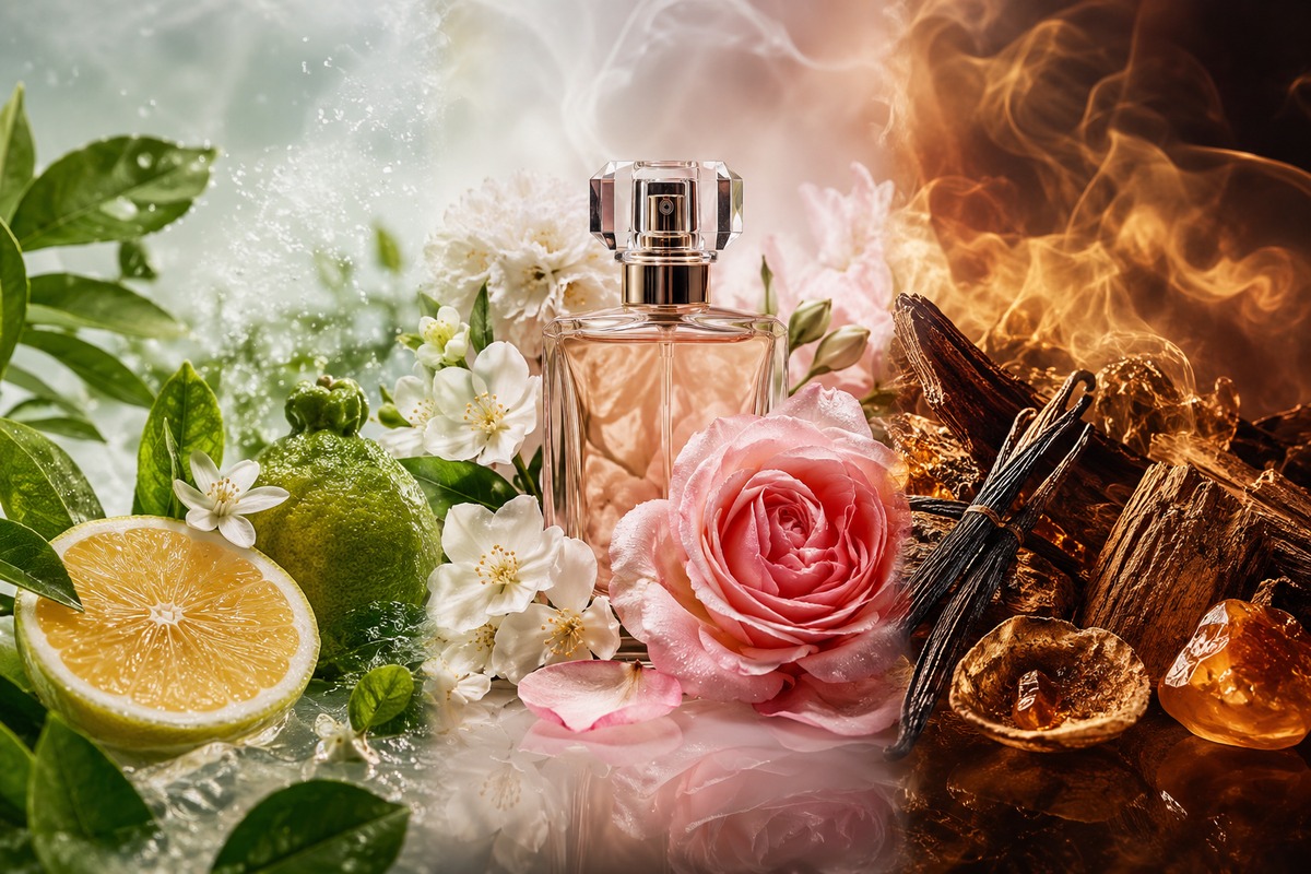 Comparativa visual de notas de salida corazón y fondo de un perfume
