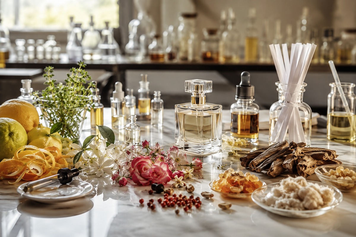 Laboratorio perfumista con ingredientes aromáticos para crear fragancias