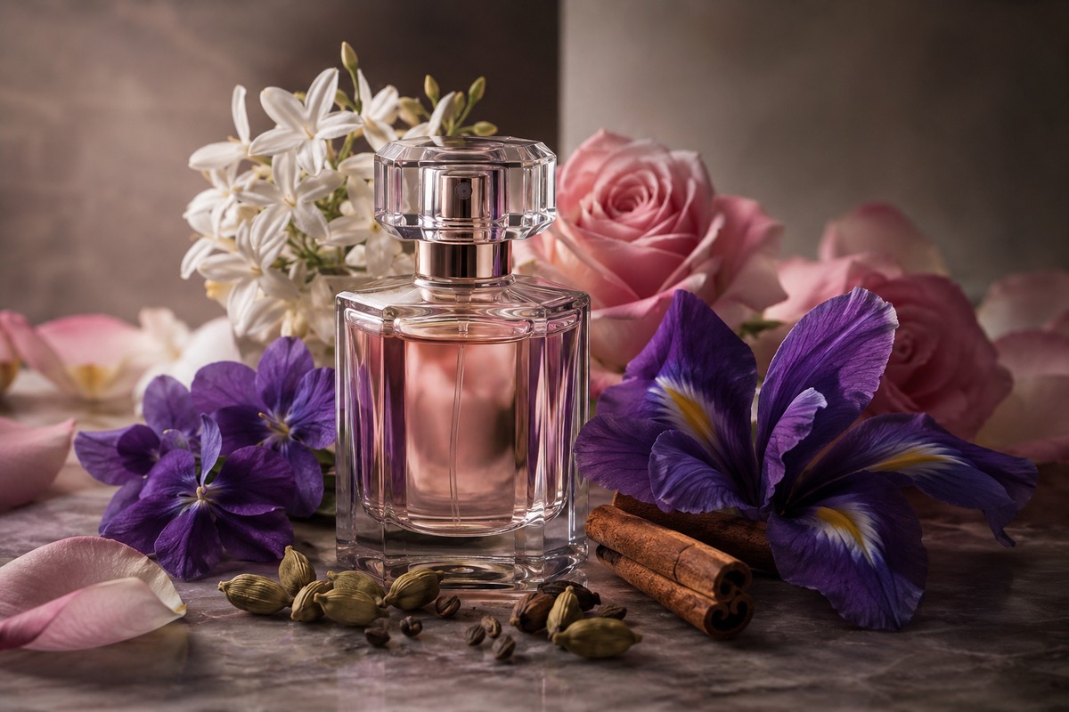 Flores y especias que representan las notas de corazón de un perfume
