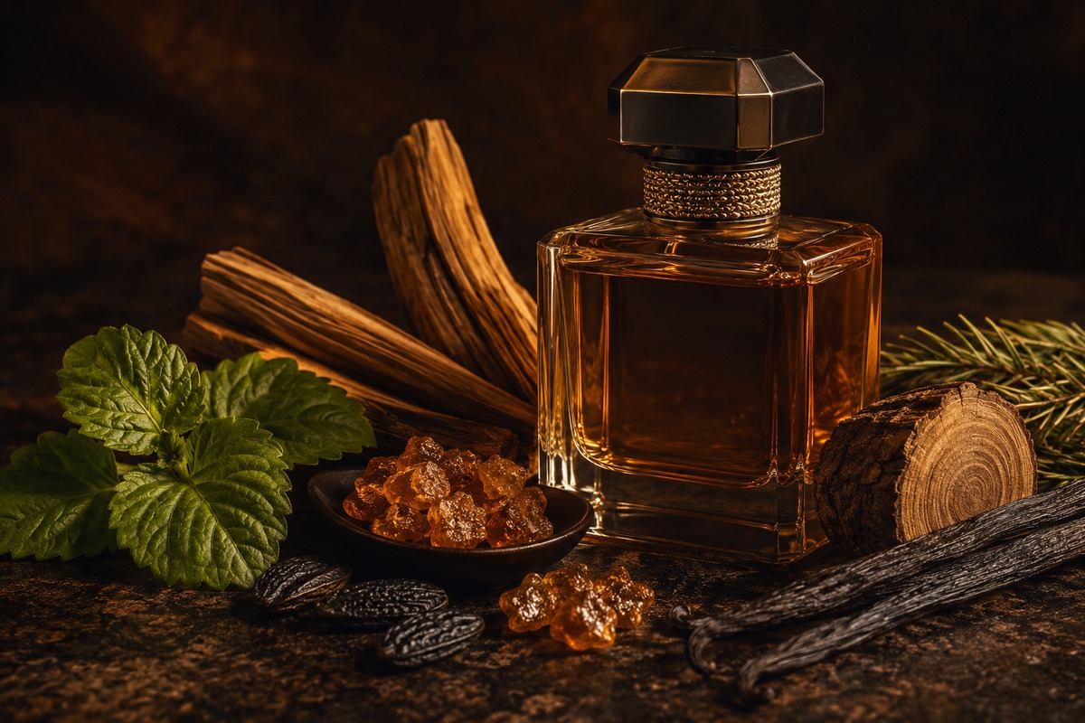 Ingredientes cálidos de fondo con maderas ámbar vainilla y sándalo