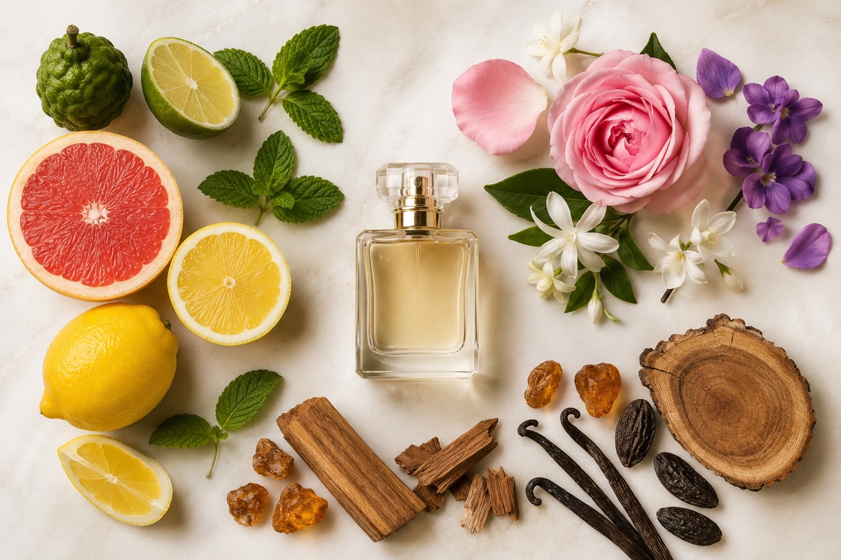 Pirámide olfativa de un perfume con notas frescas florales y amaderadas